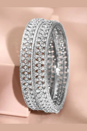 Rubans Set of 2 Rhodium-Plated Silver-Tone Cubic Zirconia Studded Elegant Bangles Set