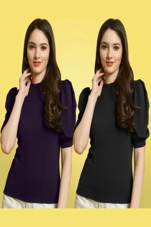 Metronaut Women Pack Of 2 Solid Round Neck Puff Sleeves Crop Tops