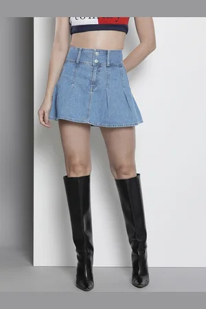 Tommy Hilfiger Women Pure Cotton Pleated A-line Denim Mini Skirt