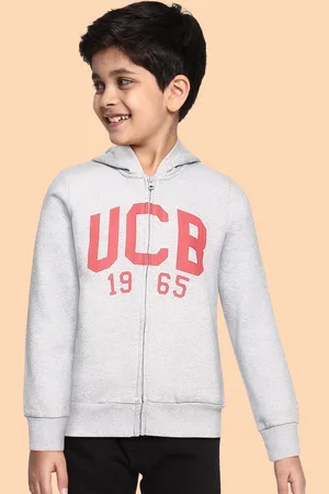 Benetton Boys Grey Melange & Pink Brand Logo Print Hooded Sweatshirt