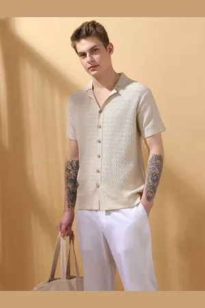 Dennis Lingo Men Cuban Collar Half Sleeves Flat Knit Shirt