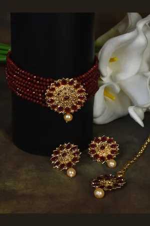 HOUSE OF ARLI Gold-Plated Maroon Stone & Bead Studded Layered Jewellery Set