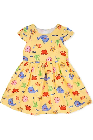 BAESD Girls Conversational Print Round Neck Short Cap Sleeves Fit & Flare Dress