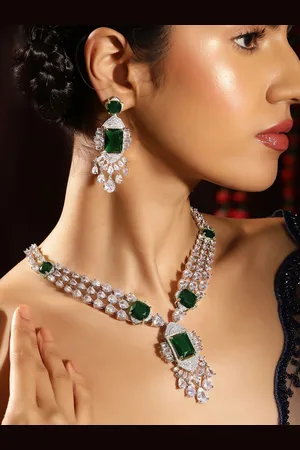 Priyaasi American Diamond-Studded Floral Necklace and Earrings