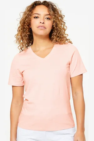 DECATHLON Women Solid V-Neck Cotton T-shirt