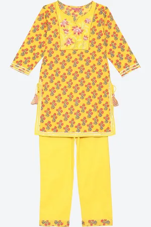 Biba Girls Yellow Floral Printed Kurti with Trousers