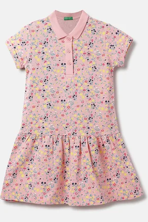 Benetton Girls Floral Printed Polo Collar Drop-Waist Dress