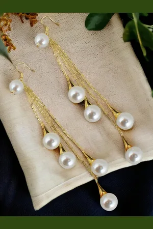 Lucky Jewellery Gold-Plated Beads Beaded Contemporary Tasselled Drop Earrings
