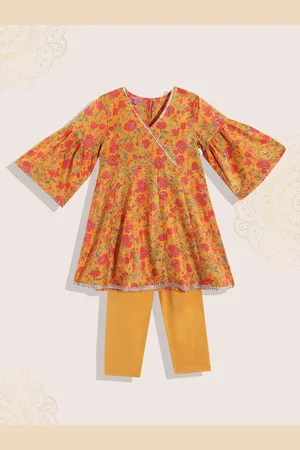 Biba Girls Mustard Yellow & Coral Floral Printed Gotta Patti Kurta with Trousers