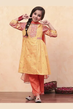 Biba Girls Bandhani Printed Round Neck Pure Cotton Anarkali with Palazzos & With Dupatta