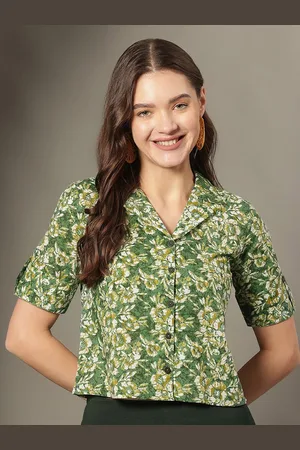Kalini Floral Printed Roll-Up Sleeves Cotton Shirt Style Crop Top