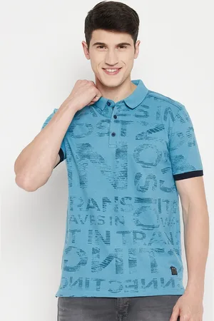 Duke Men Blue Typography Printed Polo Collar Slim Fit T-shirt