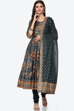 Biba Women Peacock Blue Floral Printed Kurta with Churidar & With Dupatta