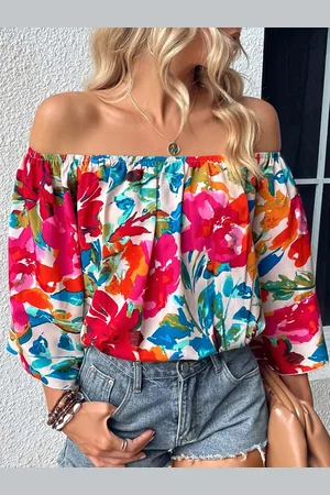 Stylecast White Floral Print Off-Shoulder Flared Sleeves Top