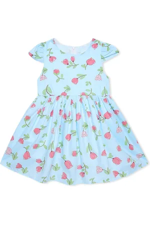 BAESD Girls Floral Print Round Neck Short Sleeves Cotton Fit & Flare Dress