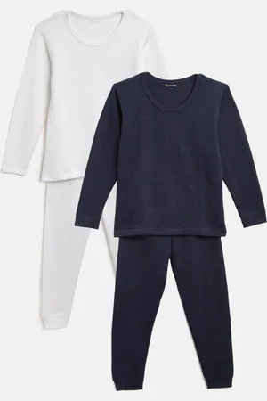 Kanvin Boys White & Navy Blue Pack of 2 Solid Thermal Set