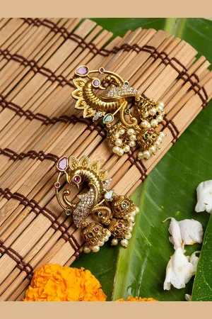 HOUSE OF ARLI Gold-Plated Peacock Shaped Jhumkas Earrings