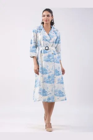 JISORA Women Blue Printed Pure Cotton Wrap Dress