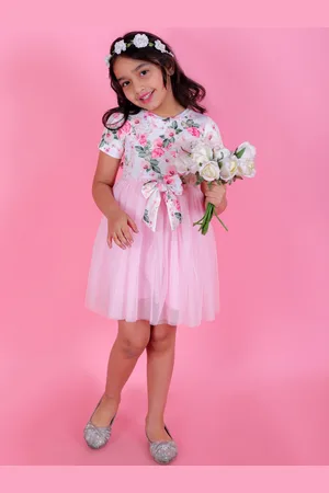 KidsDew Girls Floral Printed Round Neck Bow Detailed Net Fit & Flare Dress