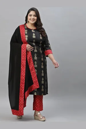 Sztori Plus Size Geometric Printed Straight Kurta With Trousers & Dupatta