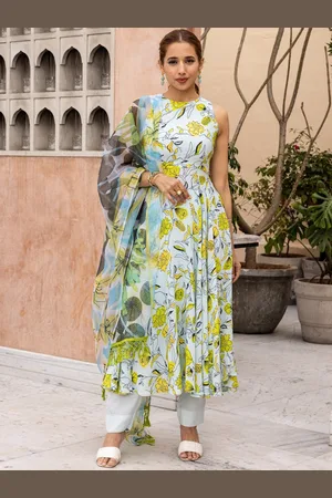 Ambraee Floral Printed Empire Anarkali Kurta with Trousers & Dupatta