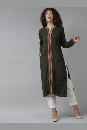 Cayman Women Olive Green Geometric Woven Design Woollen Straight Winter Kurta