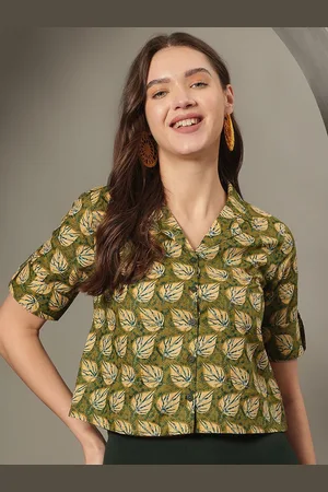 Kalini Women Floral Printed Roll-Up Sleeves Cotton Shirt Style Crop Top
