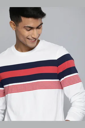 Mast & Harbour Men White & Navy Blue Striped Round Neck T-shirt
