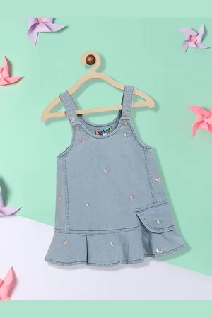 Nauti Nati Girls Blue Embroidered Cotton Denim Pinafore Dress