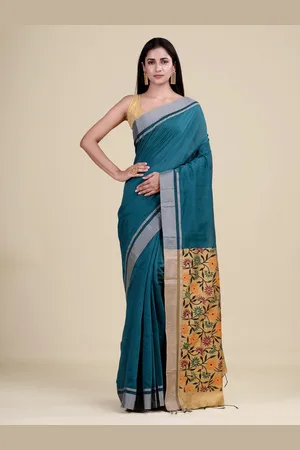 Laa Calcutta Women Teal & Yellow Woven Design Zari Jute Silk Jamdani Saree