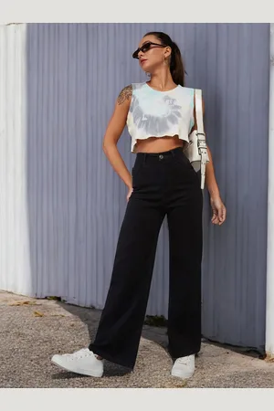 DOLCE CRUDO Women Wide Leg High-Rise Heavy Fade Stretchable Jeans
