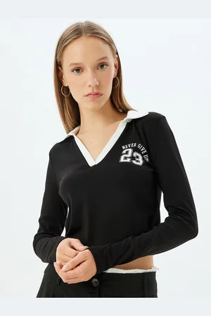 Koton Women Typography Printed Polo Collar Cotton Slim Fit T-shirt