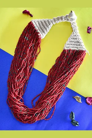 Bamboo Tree Jewels Red & Beige Afghan Necklace