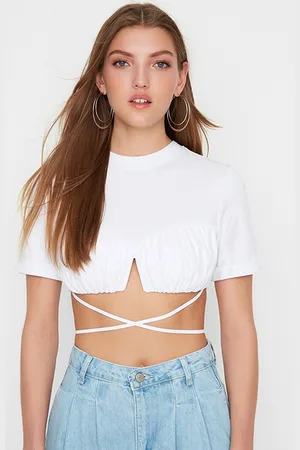 Trendyol Women White Waist Tie Up Crop Top