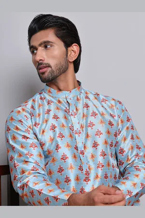Jompers Floral Printed Mandarin Collar Silk Cotton Straight Kurta with Pyjamas