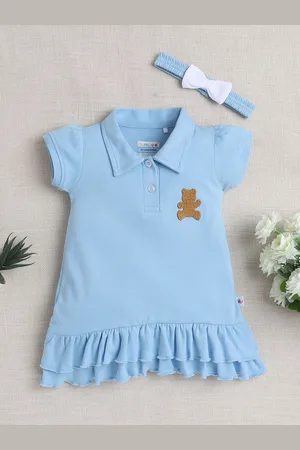 BUMZEE Girl Embroidered Short Sleeves Shirt Collar Above Knee A-Line Dress
