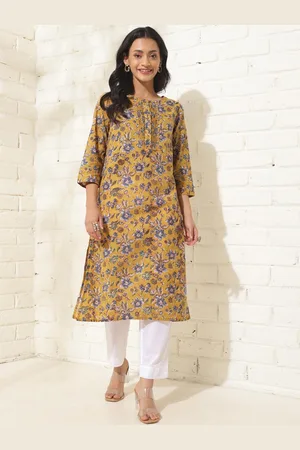 Fabindia Floral Printed Round Neck Three-Quarter Sleeves Cotton Kurta