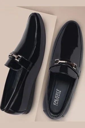 FAUSTO Men Black Solid Patent Leather Formal Loafer