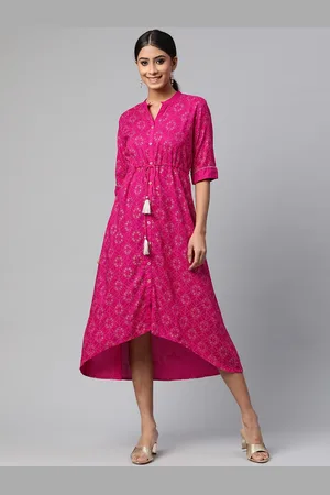 Rangriti Women Pink & Beige Ethnic Motifs Ethnic A-Line Midi Dress with a Belt