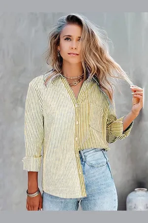 Stylecast Women Oversized Fit Spread Collar Vertical Striped Casual Shirt