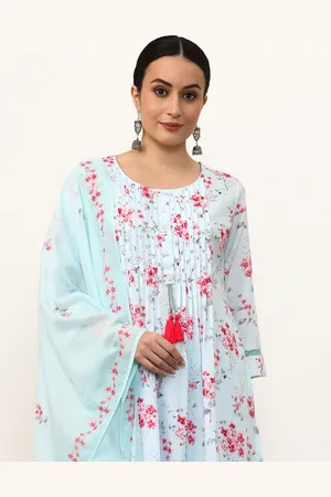 Jaipur Women Floral Embroidered Empire Beads and Stones Linen Kurta with Trousers & With Dupatta