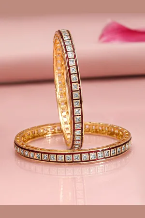 Rubans Set of 2, 22K Gold-Plated Red-Border Square-Cut White CubicZirconia Studded Bangles