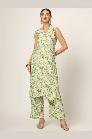 Divena World Floral Printed Lapel Collar Sleeveless Straight Kurta With Trouser