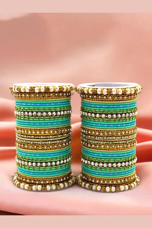 Leshya Set Of 70 Gold-Plated Artificial Stone-Studded Bangles
