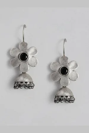 EL REGALO Silver-Toned & Black Flower Jhumkas