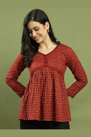 Roly Poly Women Floral Ethnic Printed Lace-Up Pure Cotton Peplum Top
