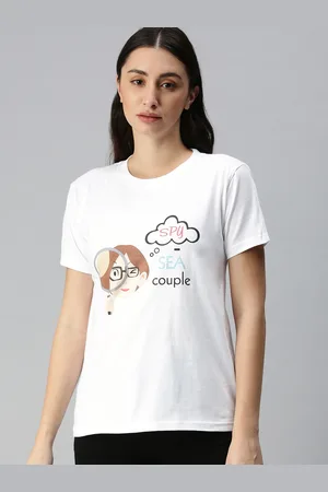 BRATMA Women White & Brown Conversational Printed Pure Cotton T-shirt
