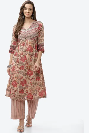 Biba Women Plus Size Beige Floral Printed A-line Kurta with Palazzos