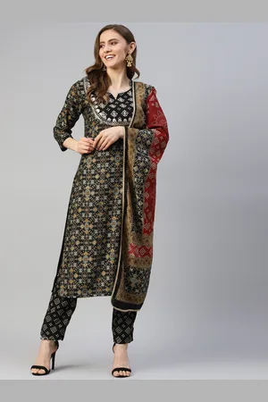 Divena World Women Black Floral Print Thread Work Kurta with Trousers & Dupatta