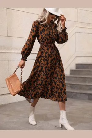 HERE&NOW Floral Print Tie-Up Neck A-Line Midi Dress